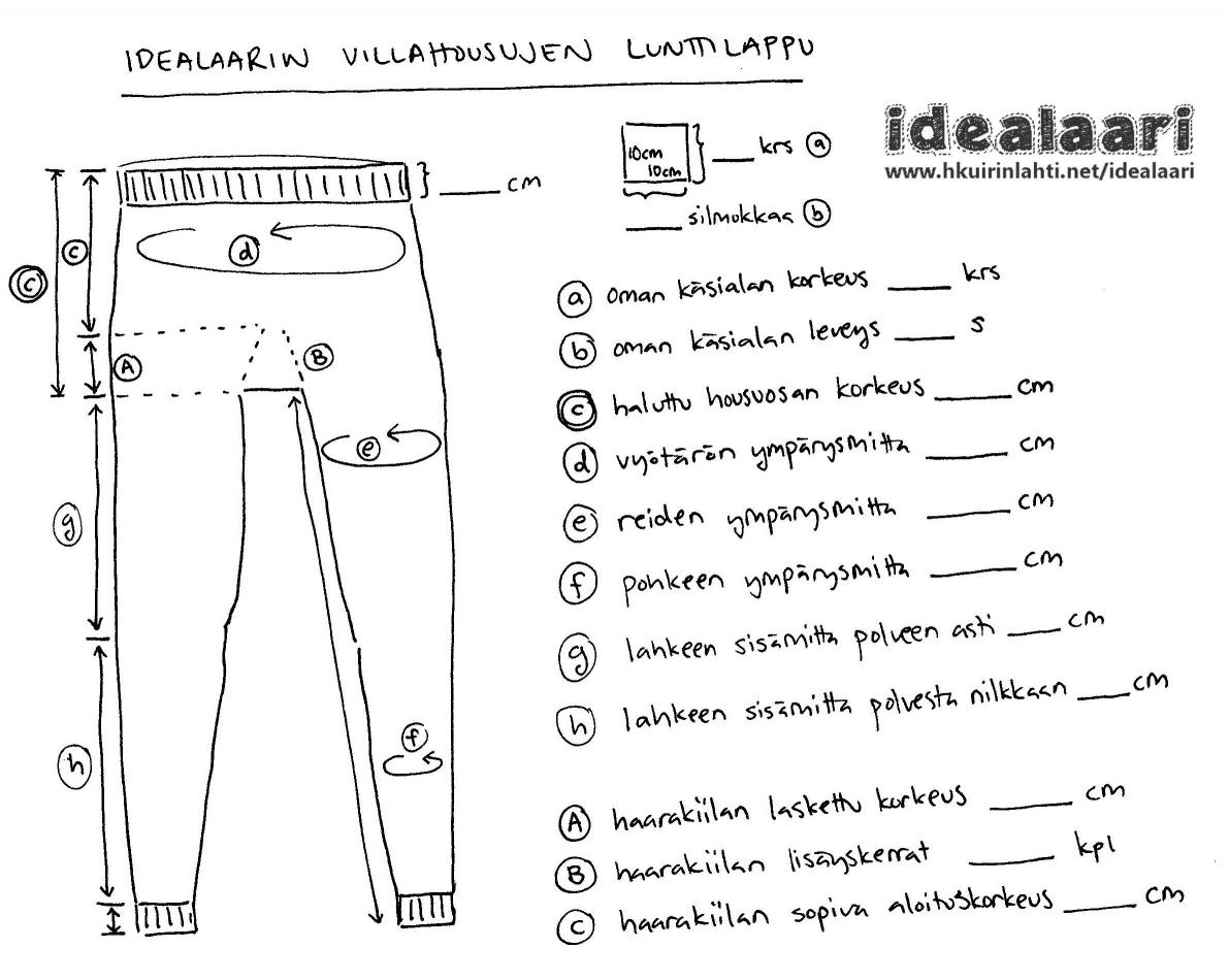 Villahousujen tarvittavien mittojen lunttilappu